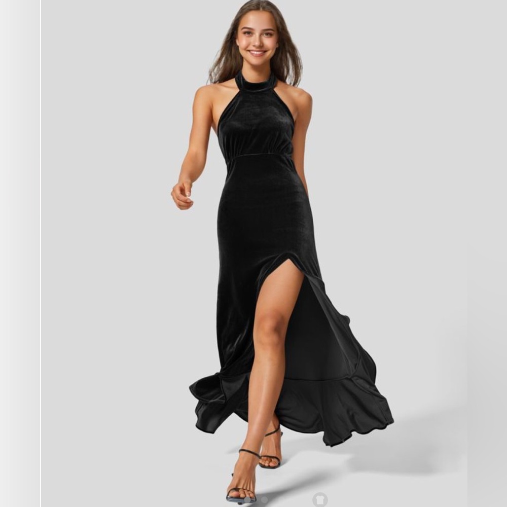 L Halara black velvet backless halter neck maxi party dress with ruffle hem